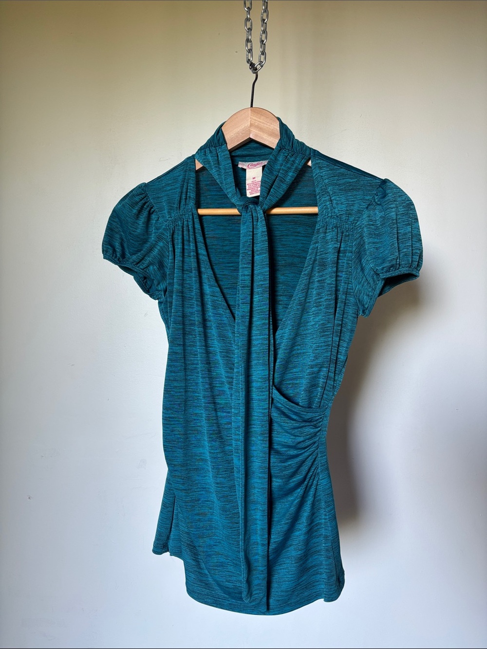 Candie’s Y2K Teal Tie-Neck Short Sleeve Faux Wrap Blouse Size Medium Vintage